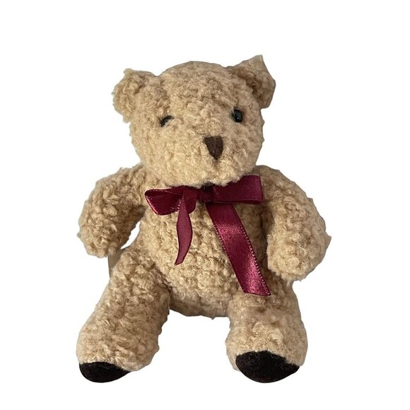 Russ Berrie Small (Mini) Beige Teddy Bear With Burgundy Bow - Picture 1 of 7